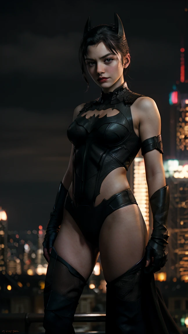 ((masterpiece, highest quality, High resolution, Realistic, to be born, 8k wallpaper)),standing in bikini style, (Standing in honor　shot）,A threatening posture with the body facing the camera, Very hot and sexy, Amazing beauty, Perfect balance, Beautiful body, Slim body beauty: 1.4), Batman standing on a rooftop overlooking the city skyline at night, Gotham city background, nighttime in Gotham city, Gotham city, From the movie Batman, Gotham city double exposure, Gotham city style, Batman film still, metropolis filmic Gotham city, Cyberpunk Batman, Batman movie stills, Batman movie still cinematic, Gotham setting, Batman, Gotham,