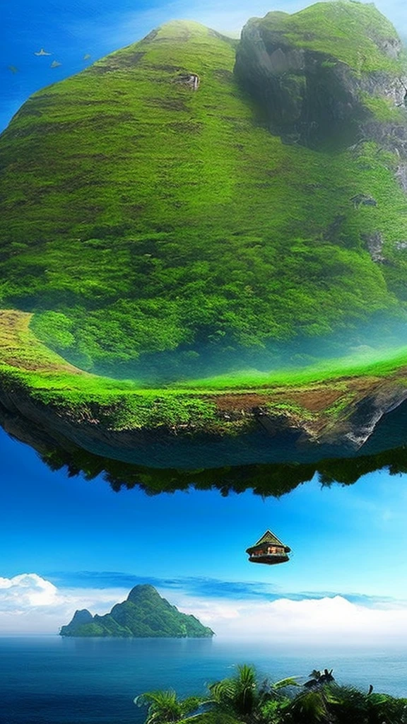 A mysterious island floating in the sky、A person who flies around々、