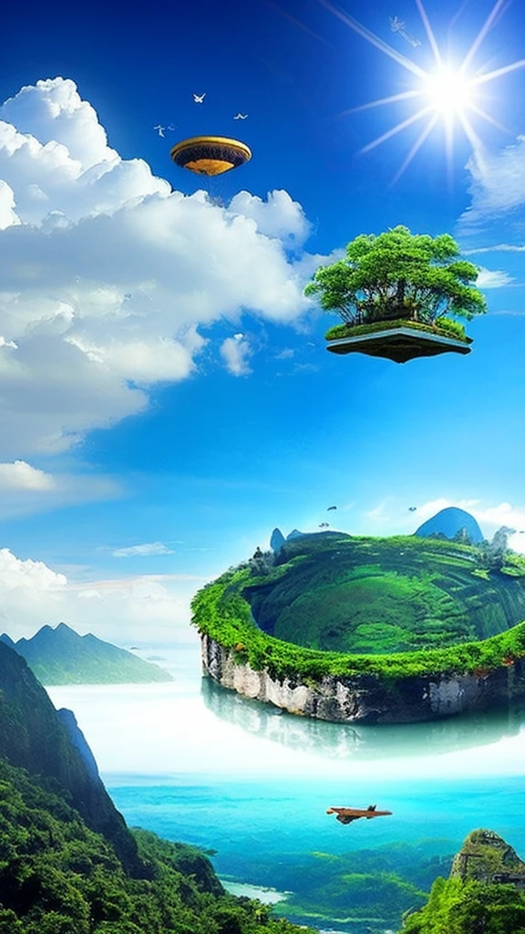 A mysterious island floating in the sky, people soaring around it, ultra-detailed, (best quality,4k,8k,highres,masterpiece:1.2),ultra-detailed,(realistic,photorealistic,photo-realistic:1.37),fantasy landscape,surreal,glowing island,floating islands,beautiful clouds,magical atmosphere,vibrant colors,dramatic lighting,dynamic poses,expressive characters,intricate details