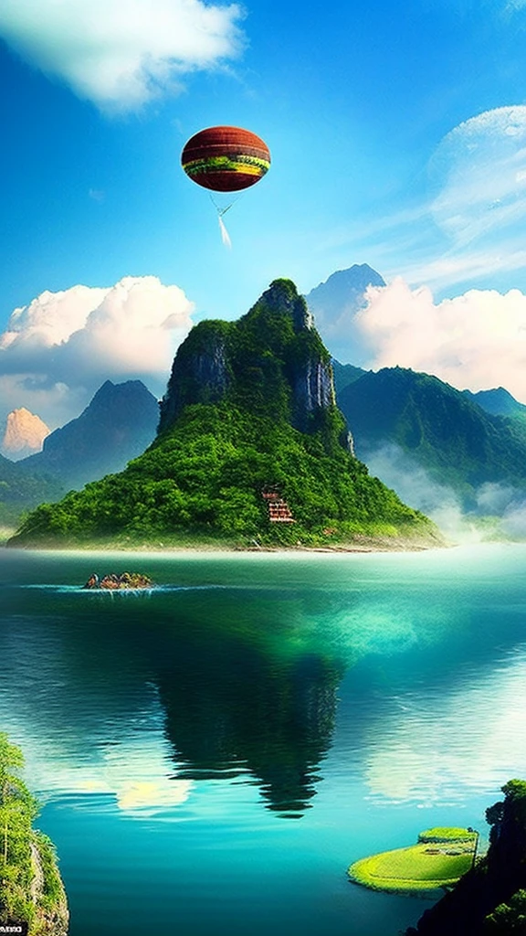 A mysterious island floating in the sky、A person who flies around々、