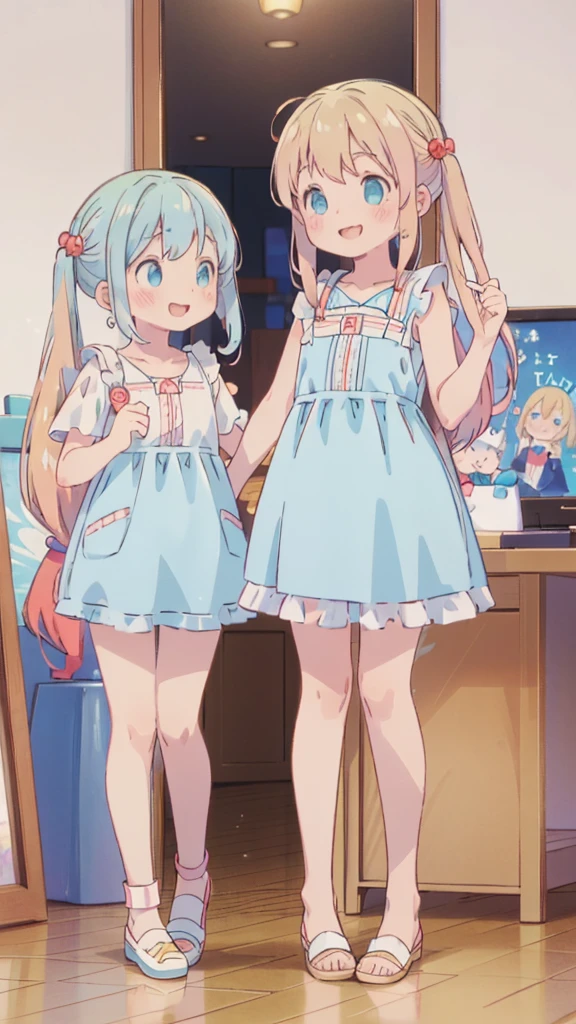 ((masterpiece))((Highest quality))girl、smile、blush、Flat Chest、Are thin、Blonde Hair、blush、Are standing、Whole body image、Eye level to the feet、front、No background、真frontのアングル、Blue clothes、Two-tone red and blue hair、Twin tails、Red Alice outfit