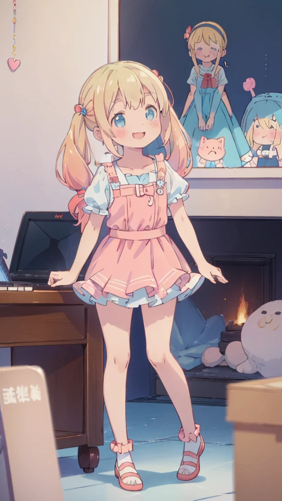 ((masterpiece))((Highest quality))girl、smile、blush、Flat Chest、Are thin、Blonde Hair、blush、Are standing、Whole body image、Eye level to the feet、front、No background、真frontのアングル、Blue clothes、Two-tone red and blue hair、Twin tails、Red Alice outfit