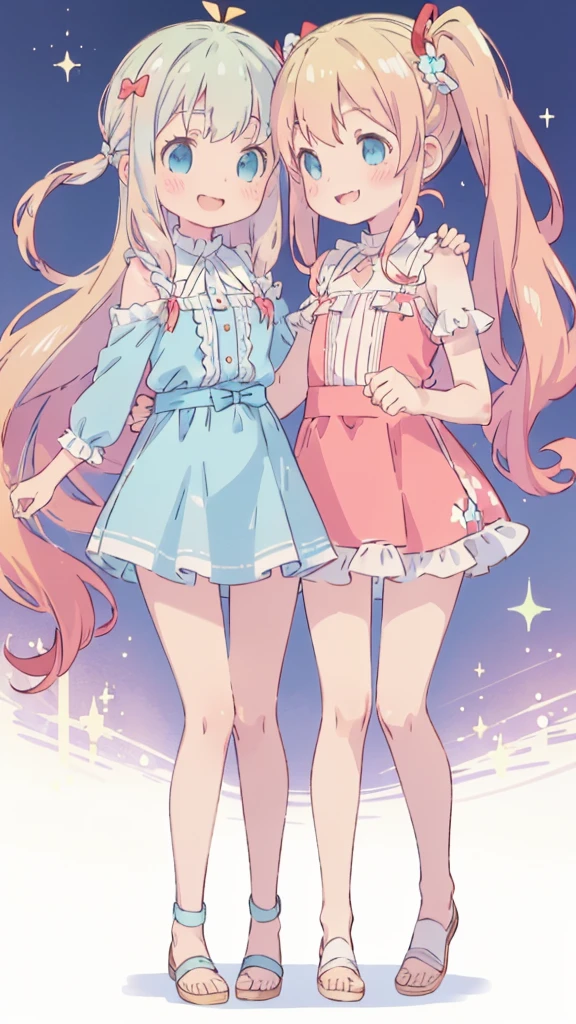 ((masterpiece))((Highest quality))girl、smile、blush、Flat Chest、Are thin、Blonde Hair、blush、Are standing、Whole body image、Eye level to the feet、front、No background、真frontのアングル、Blue clothes、Two-tone red and blue hair、Twin tails、Red Alice outfit