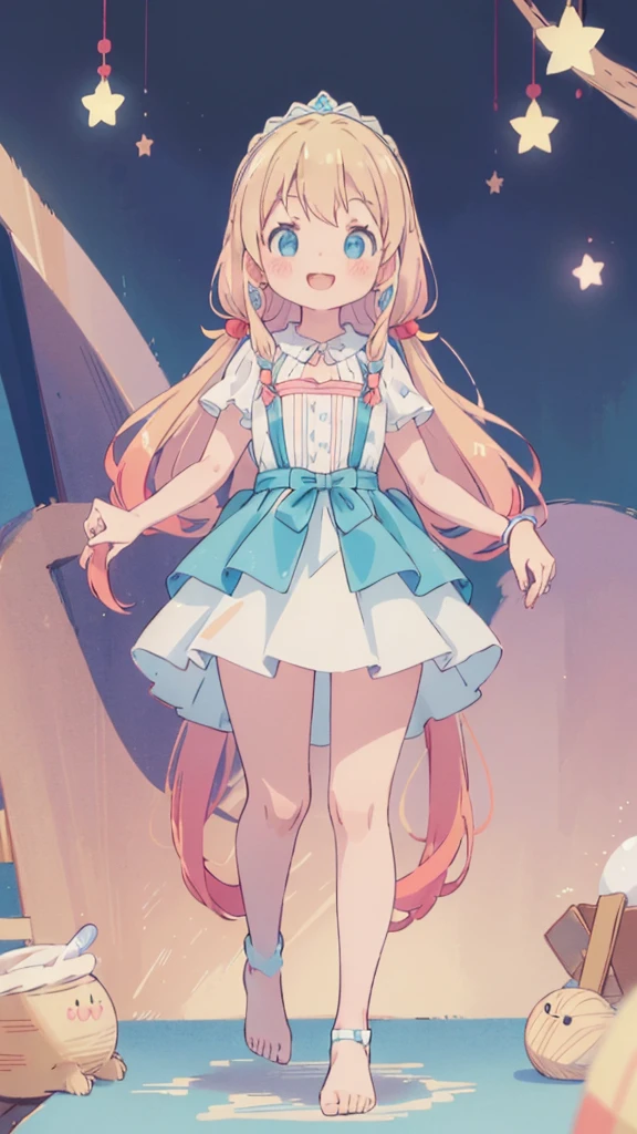 ((masterpiece))((Highest quality))girl、smile、blush、Flat Chest、Are thin、Blonde Hair、blush、Are standing、Whole body image、Eye level to the feet、front、No background、真frontのアングル、Blue clothes、Two-tone red and blue hair、Twin tails、Red Alice outfit