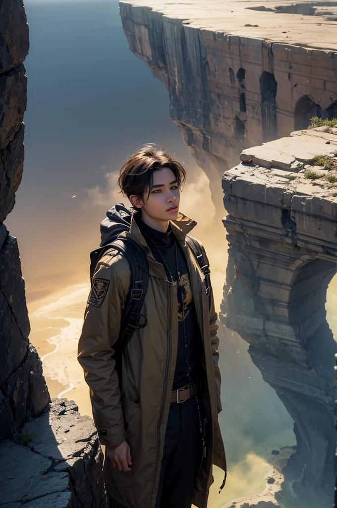 a young man with a backpack standing on the edge of a cliff, looking out at a vast unknown landscape, surrounded by a golden aura, optimistic, adventurous, cinematic lighting, dramatic skies, detailed facial features, detailed clothing, depth of field, photorealistic, highly detailed, 8k, masterpiece