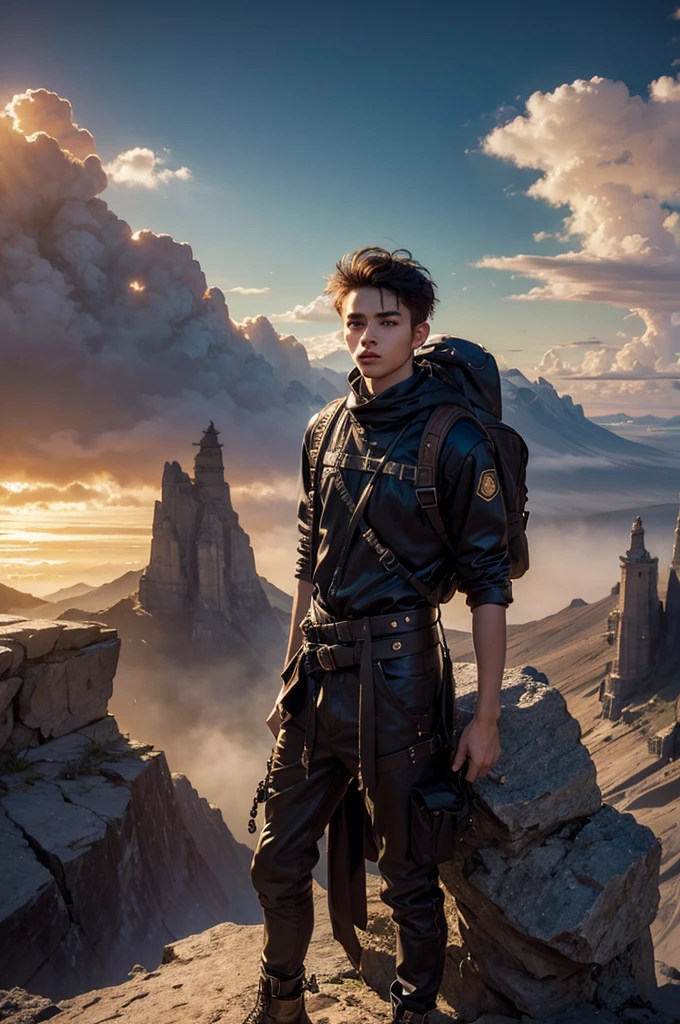 a young man with a backpack standing on the edge of a cliff, looking out at a vast unknown landscape, surrounded by a golden aura, optimistic, adventurous, cinematic lighting, dramatic skies, detailed facial features, detailed clothing, depth of field, photorealistic, highly detailed, 8k, masterpiece