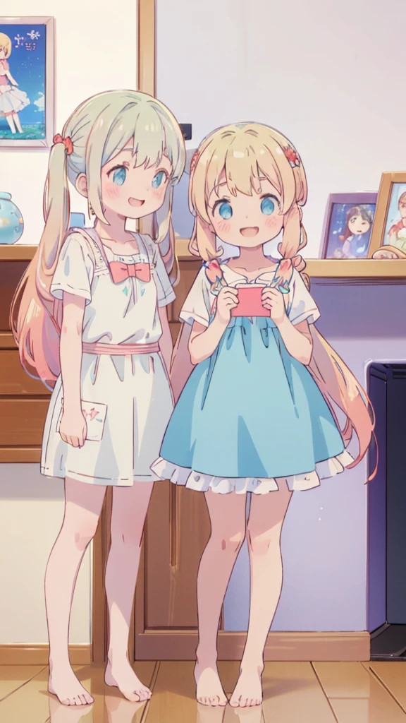 ((masterpiece))((Highest quality))girl、smile、blush、Flat Chest、Are thin、Blonde Hair、blush、Are standing、Whole body image、Eye level to the feet、front、No background、真frontのアングル、Blue clothes、Two-tone red and blue hair、Twin tails、Red Alice outfit