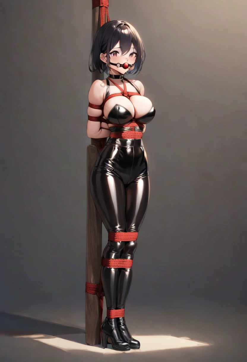 full body bondage latex girl,fitness body,narrow waist,big breasts (black background) standing by wooden pole bondage, shibari, bondage, bdsm, rope, gag, ball_gag