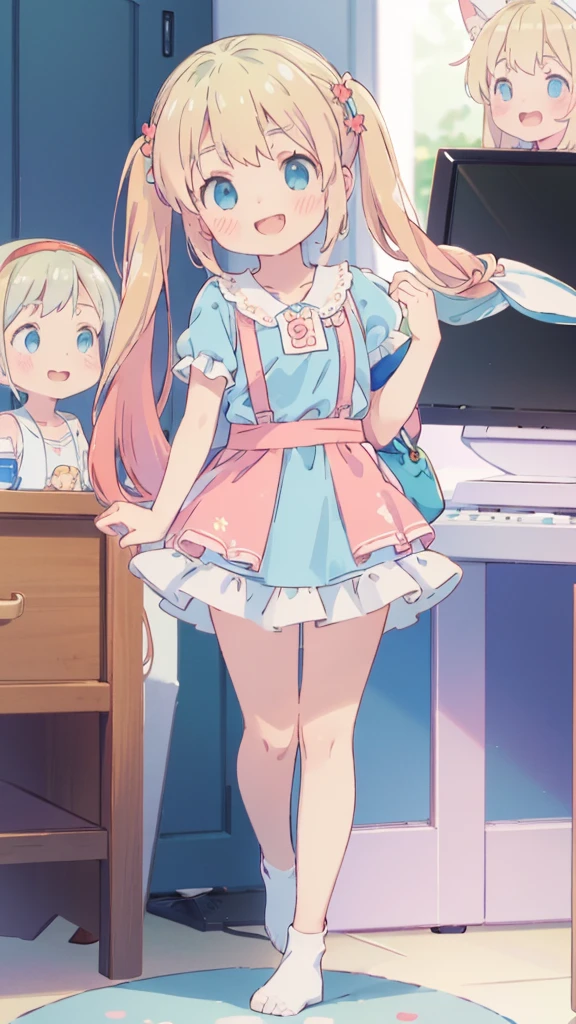 ((masterpiece))((Highest quality))girl、smile、blush、Flat Chest、Are thin、Blonde Hair、blush、Are standing、Whole body image、Eye level to the feet、front、No background、真frontのアングル、Blue clothes、Two-tone red and blue hair、Twin tails、Red Alice outfit