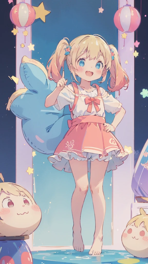 ((masterpiece))((Highest quality))girl、smile、blush、Flat Chest、Are thin、Blonde Hair、blush、Are standing、Whole body image、Eye level to the feet、front、No background、真frontのアングル、Blue clothes、Two-tone red and blue hair、Twin tails、Red Alice outfit