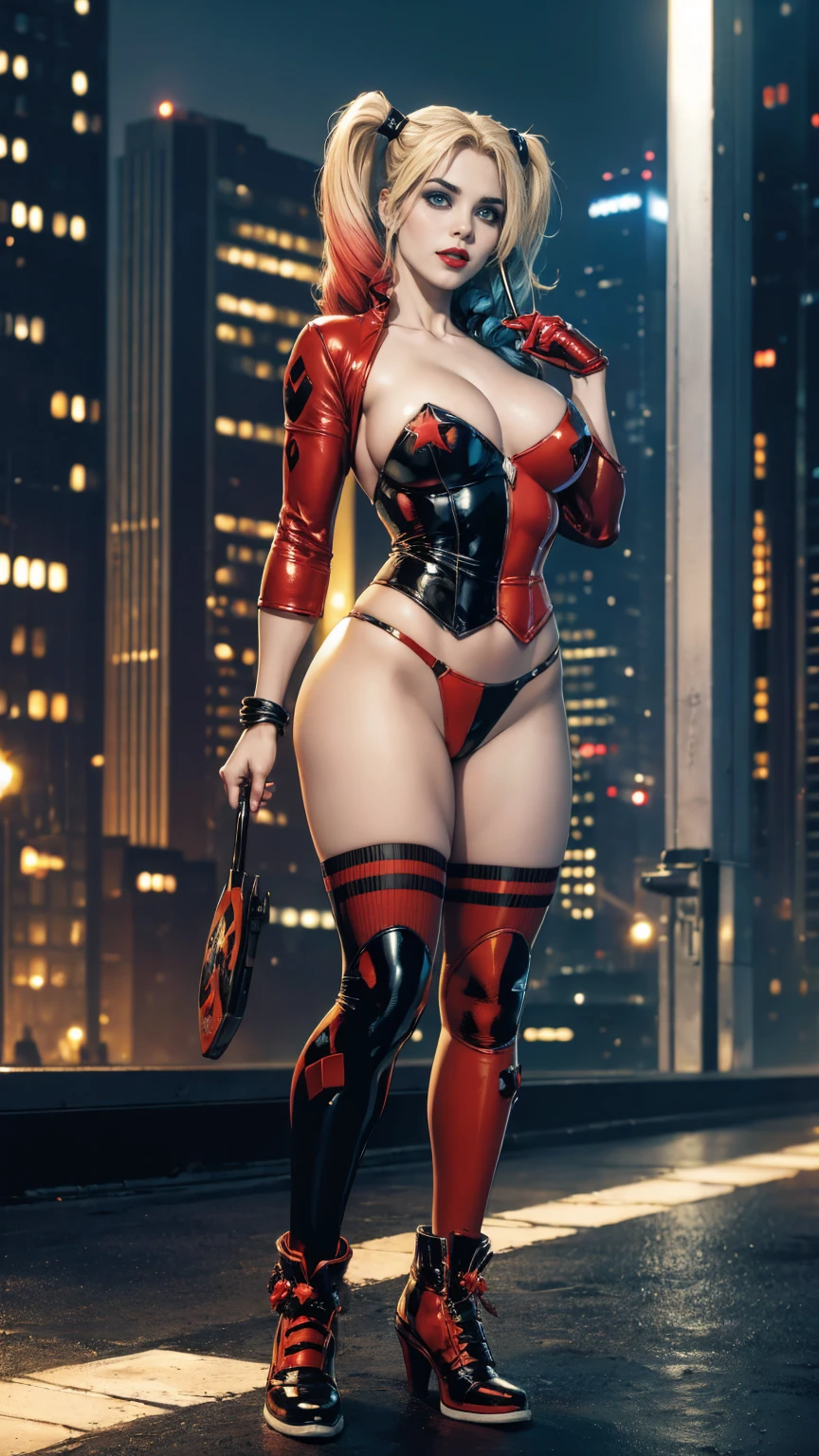 ((Full body photo, standing, feet on the ground)) straight, upper body, looking at a viewer, cyclist body, BREAK, cartoon_Harley Quinn, lipstick, blue eyes, makeup, lips, big breasts, red lips , c ,, Body, cleavage, shiny, center opening, BREAK, official arts, extremely detailed CG unit 8k wallpaper, perfect lighting, colorful, bright facial lighting, glowing skin, (masterpiece: 1.0), (best quality : 1.0), extra high resolution, 4k, ultra-detailed, photographic, 8K, HDR, high resolution, (absurd: 1.2), Kodak Portra 400, film grain, blurred background, (bokeh: 1.2), reflection lens, (Vibrants_Color: 1.2), professional photo of a, (pretty face: 1.5), bulging breasts, torpedo breasts, city background at night, skyscraper on the roof, exposed skin, slutty, naughty, mischievous, crazy
