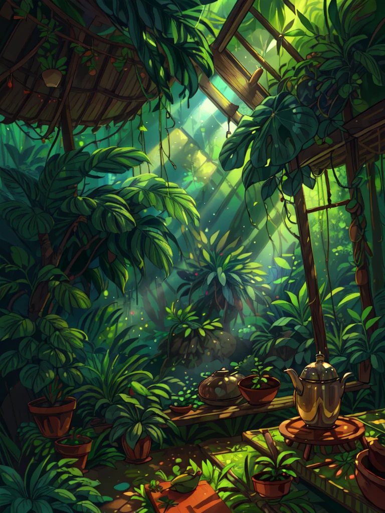 super wide perspective, an indoor view of beautiful indo kitchen, forest visible from window, ghibli anime scene, pots with tropical leafy plants, sunrays falling on table, utensils, dense jungle, shadows, cinematic color tones, subtle light, vibrant color tones, ghibli style, no humans, scenery, masterpiece, high resolution