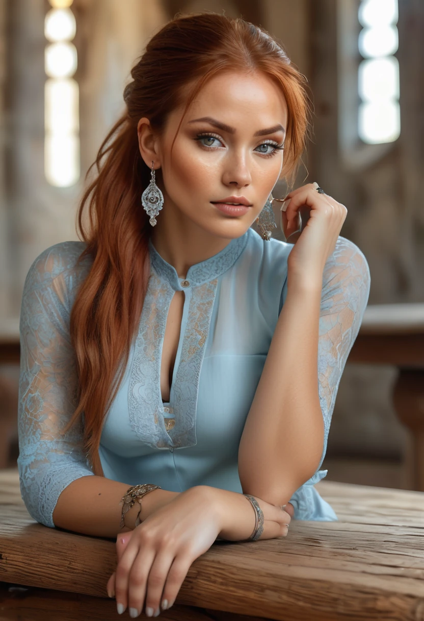 Ink painting,beautiful woman laying on wooden table, beautiful face, long ponytail red hair, beautiful symmetrical face, detail gesture,wearing simple light blue short garb with golden batique lace, holding a small silver ring with shivering silver shine, intricate details, artistic, old abandoned church as a background, ambient backlight, high contrast, detailed features of woman's face.Focus on small details.