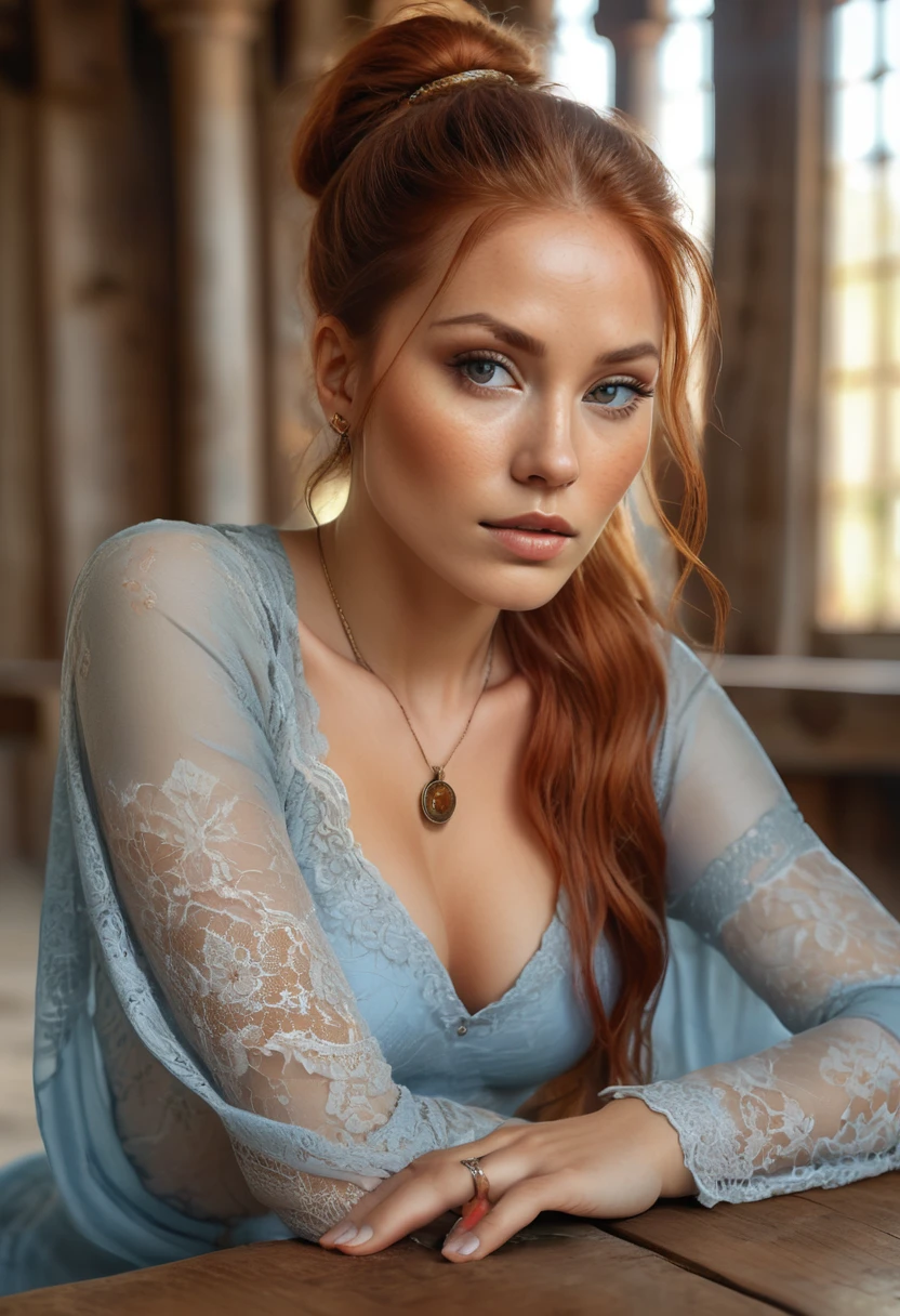 Ink painting,beautiful woman laying on wooden table, beautiful face, long ponytail red hair, beautiful symmetrical face, detail gesture,wearing simple light blue short garb with golden batique lace, holding a small silver ring with shivering silver shine, intricate details, artistic, old abandoned church as a background, ambient backlight, high contrast, detailed features of woman's face.Focus on small details.