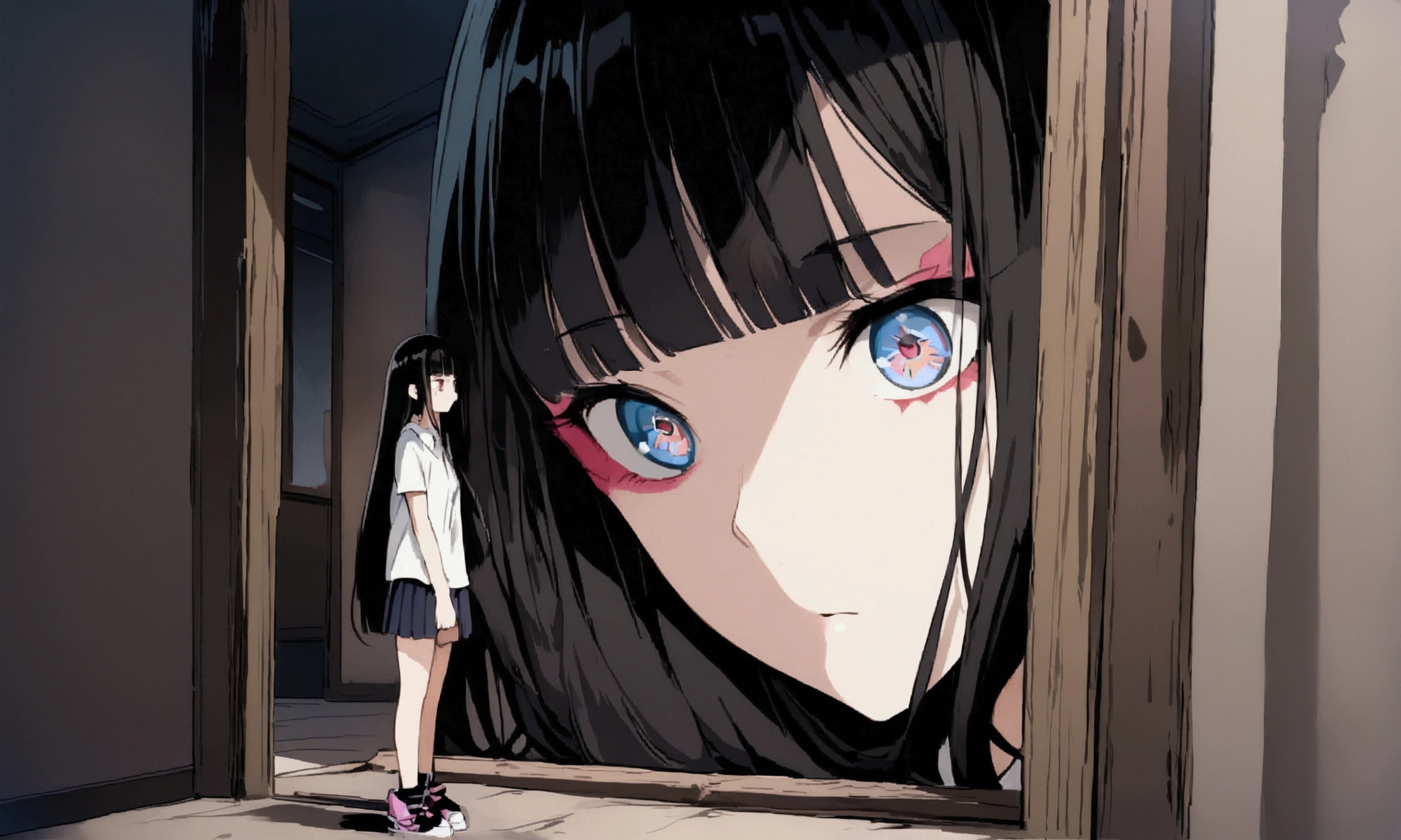 face down、Lewd Eyes、Scornful Eyes、front、super fine illustration,(((beautiful fine hair))),(((beautiful fine face))),(((beautiful fine background))),2人のgirl、Bobcut、Black Hair、Blunt Bangs、PC in the room、Horizontal composition、Step Piece、Highest quality、Best illustration、Super detailed、girl、Pink Rose Long Hair、Black Shirt、Pleated skirt、Side braided hair、crazy、standing with an eerie feeling、Ruined Background、Unusual sneakers、Eyeshadow on eyes、Unusual eye color、Eyes of Terror、Bright eyes、Cool Shot