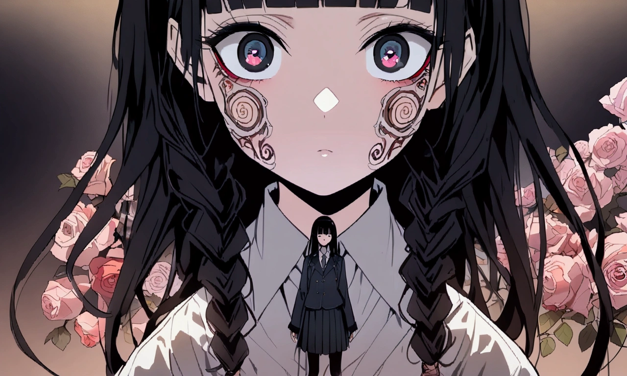 face down、Lewd Eyes、Scornful Eyes、front、super fine illustration,(((beautiful fine hair))),(((beautiful fine face))),(((beautiful fine background))),2人のgirl、Bobcut、Black Hair、Blunt Bangs、PC in the room、Horizontal composition、Step Piece、Highest quality、Best illustration、Super detailed、girl、Pink Rose Long Hair、Black Shirt、Pleated skirt、Side braided hair、crazy、standing with an eerie feeling、Ruined Background、Unusual sneakers、Eyeshadow on eyes、Unusual eye color、Eyes of Terror、Bright eyes、Cool Shot