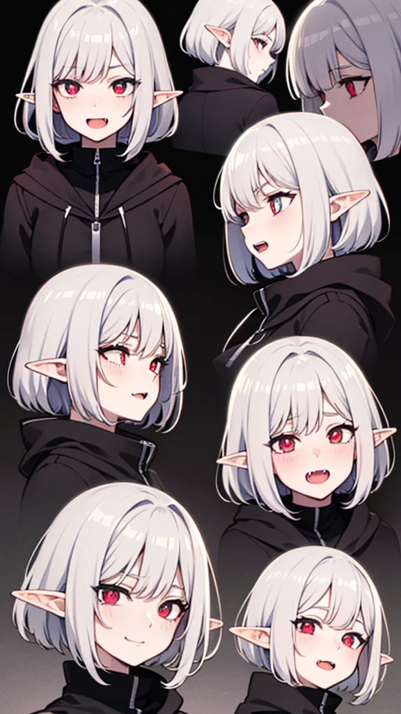 anime girl, grey hair, long hair, short hair, straight hair, bob cut, dilated pupils, devil pupils, open mouth, embarrassed, blush, tongue out, expressionless, naughty face, naughty, yandere, fang, rape face, anime, Conceptual art, high detail, anime style, reference sheet, from side, from below, from behind, from above, UHD, masterpiece, anatomically correct, super detail, high details, high quality, best quality, highres, 8k, caracter design, art concep, medical jacket, vampire, elf ear, front view, show fangs, pale skin