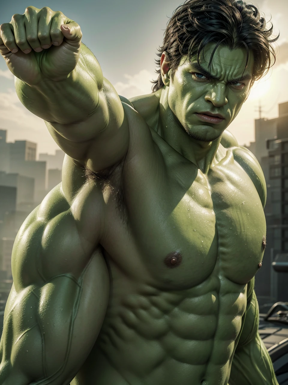 transform this image hulk style, with hulk features, green skin color, green eyes, realistic full hd detailed hulk style