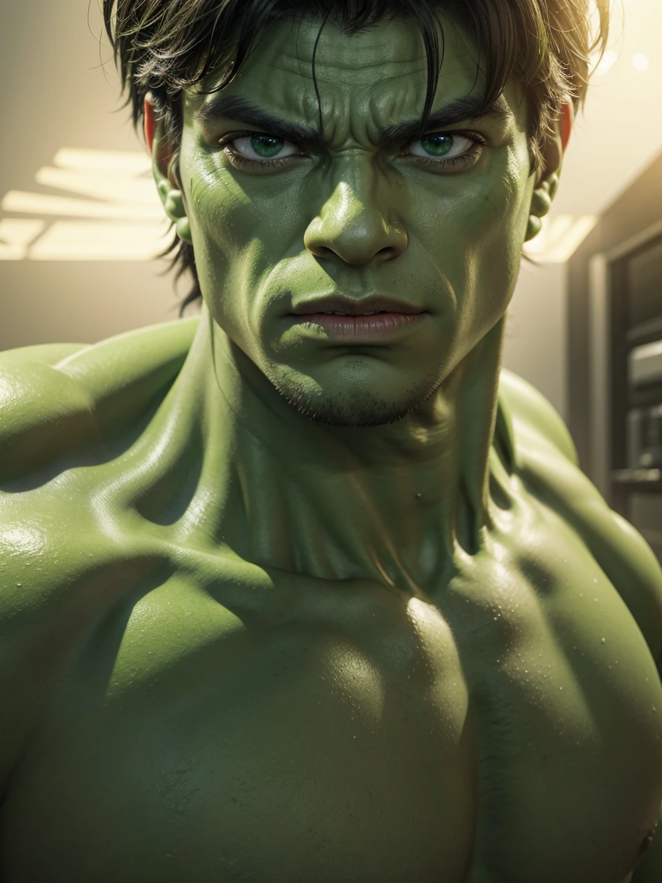 transform this image hulk style, with hulk features, green skin color, green eyes, realistic full hd detailed hulk style