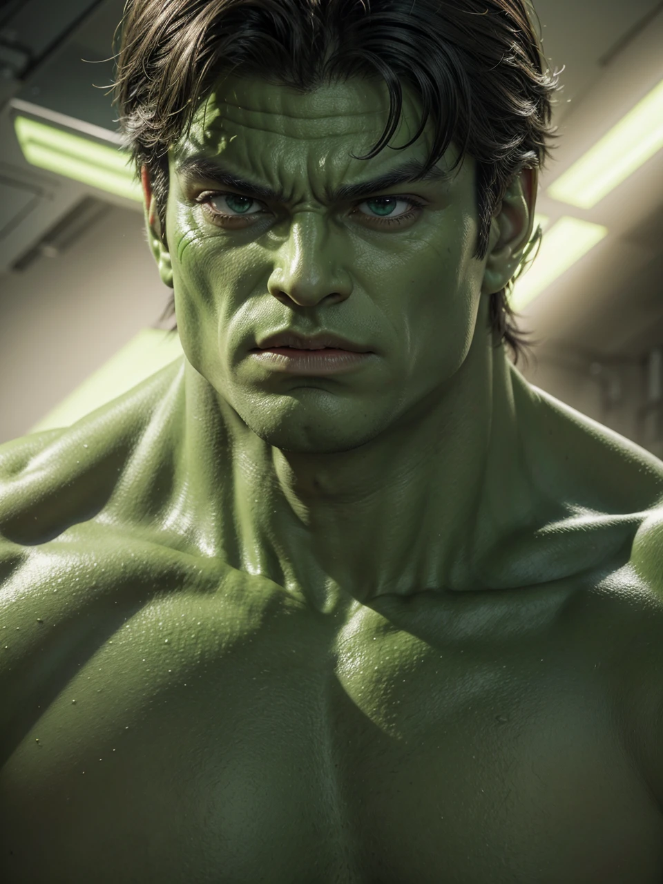 transform this image hulk style, with hulk features, green skin color, green eyes, realistic full hd detailed hulk style