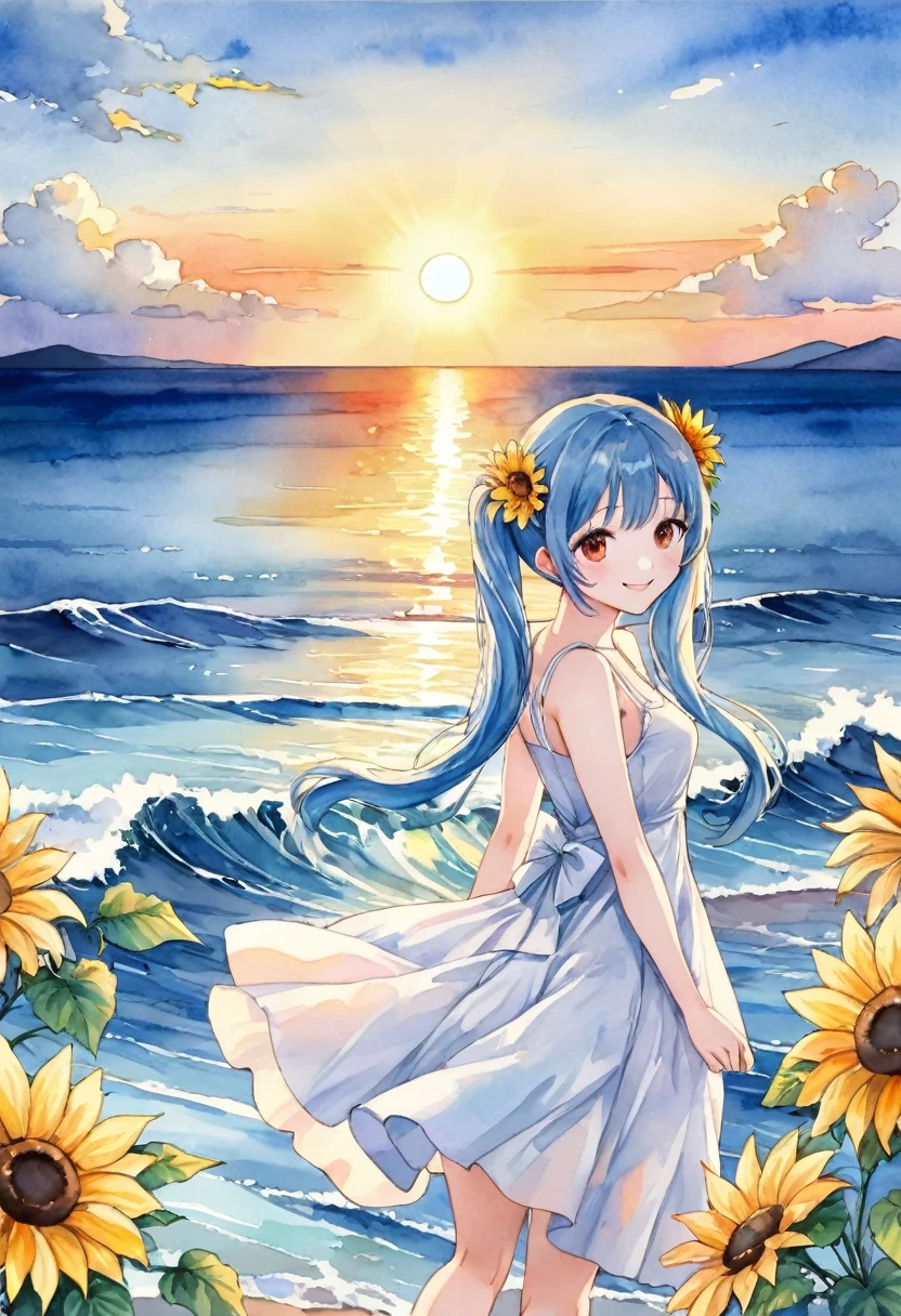 ((masterpiece)), ((Highest quality)), (watercolor:1.5),One girl, alone, Light blue long hair、Beautiful girl with twin tails、Summer sea sunset、The setting sun is reflected in the sea、White Dress、smile、Hibiscus and Sunflower