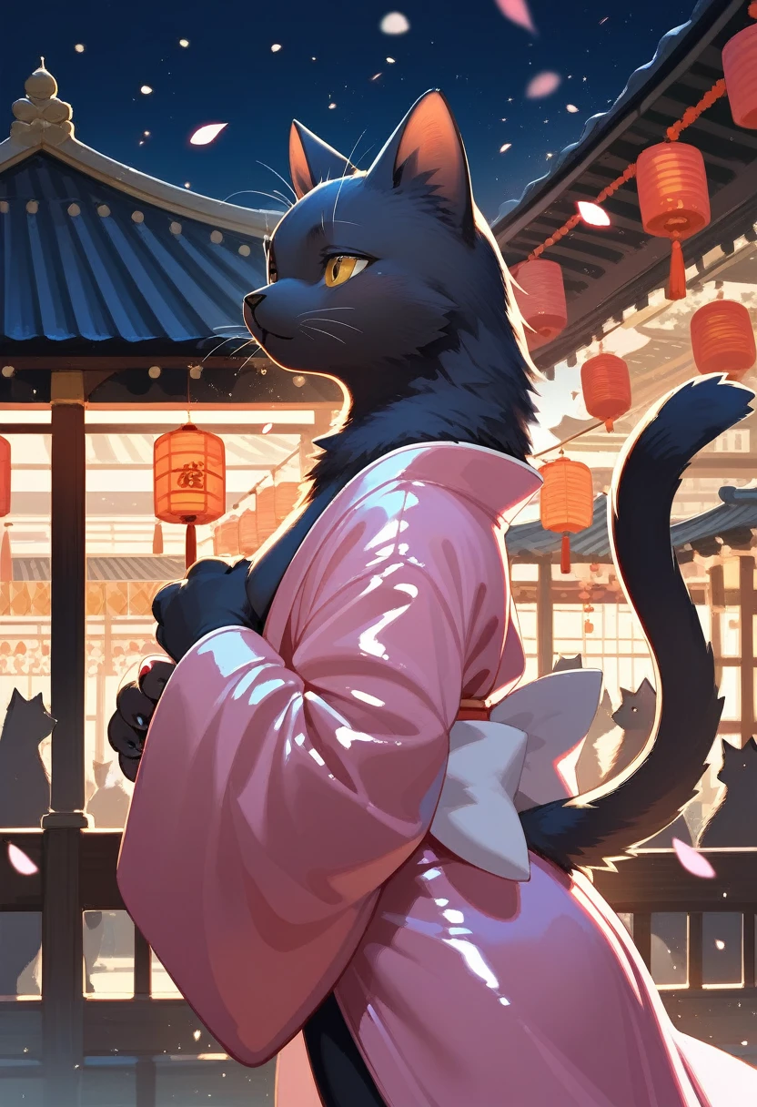 Highest quality, Highest quality, High quality illustrations, masterpiece, Ultra-high resolution, Detailed Background, Kyoto, Festivals, Absurd, Perfect Anatomy, performance, Good lighting, Shadows in the movies(kemono, Furry PersonifiCation), Cat, Pink Kimono, latex, rubber, From the side