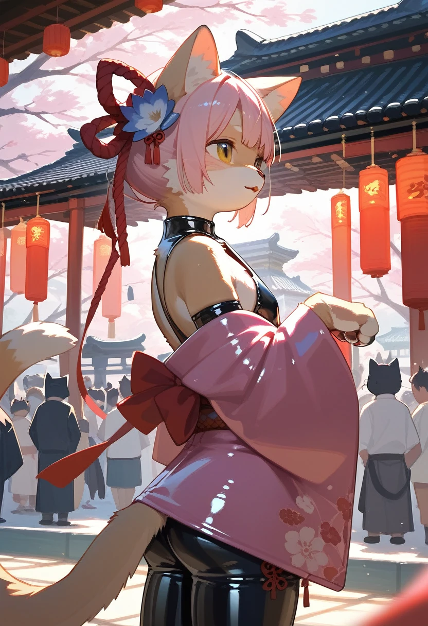 Highest quality, Highest quality, High quality illustrations, masterpiece, Ultra-high resolution, Detailed Background, Kyoto, Festivals, Absurd, Perfect Anatomy, performance, Good lighting, Shadows in the movies(kemono, Furry PersonifiCation), Cat, Pink Kimono, latex, rubber, From the side