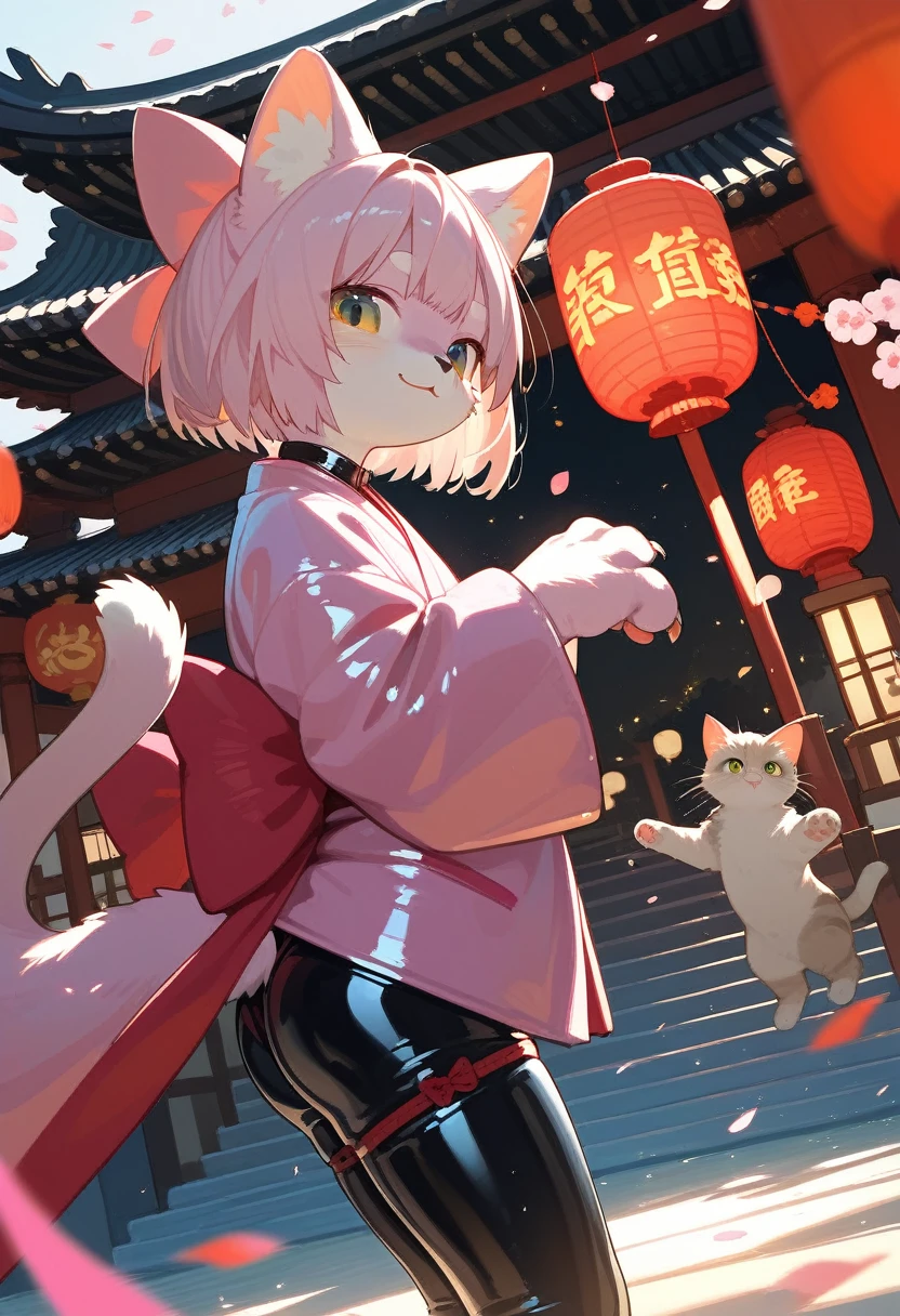 Highest quality, Highest quality, High quality illustrations, masterpiece, Ultra-high resolution, Detailed Background, Kyoto, Festivals, Absurd, Perfect Anatomy, performance, Good lighting, Shadows in the movies(kemono, Furry PersonifiCation), Cat, Pink Kimono, latex, rubber, From the side