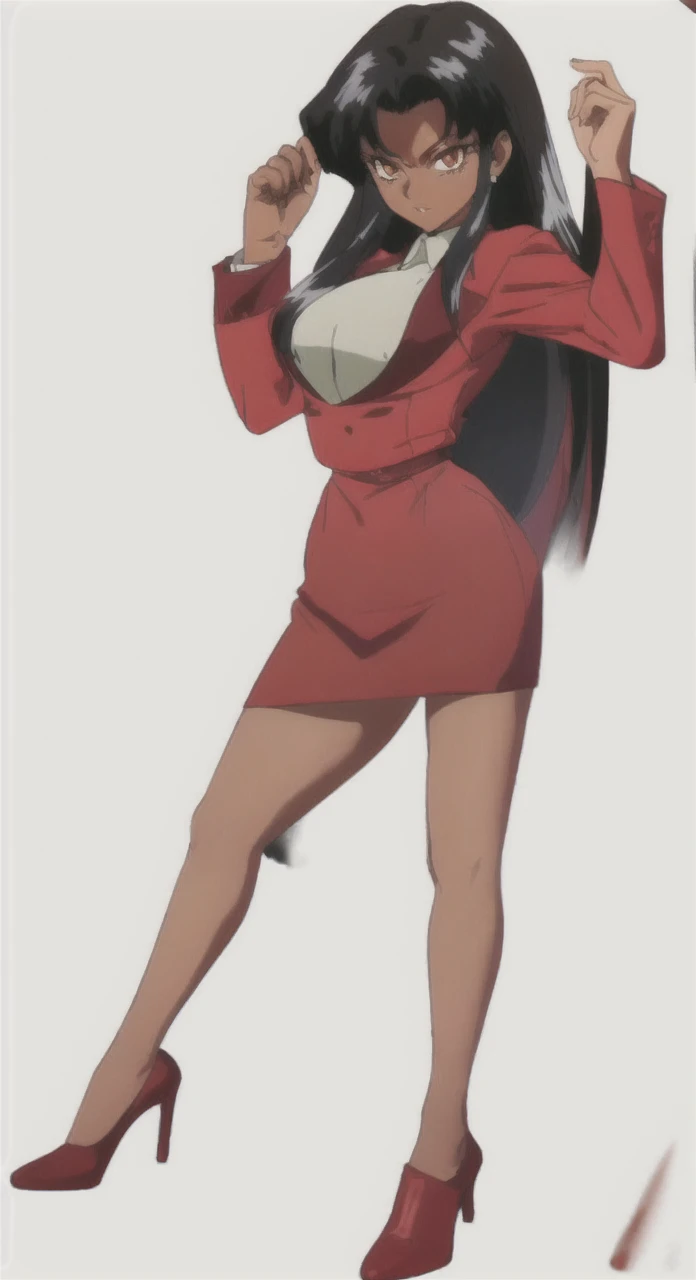 Tall adult Dark skinned business women in a red blazer skirt suit with a blouse underneath ceo full bodied
