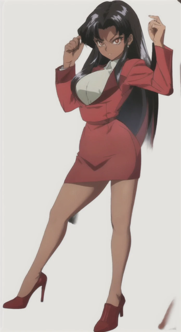 Tall adult Dark skinned business women in a red blazer skirt suit with a blouse underneath ceo full bodied