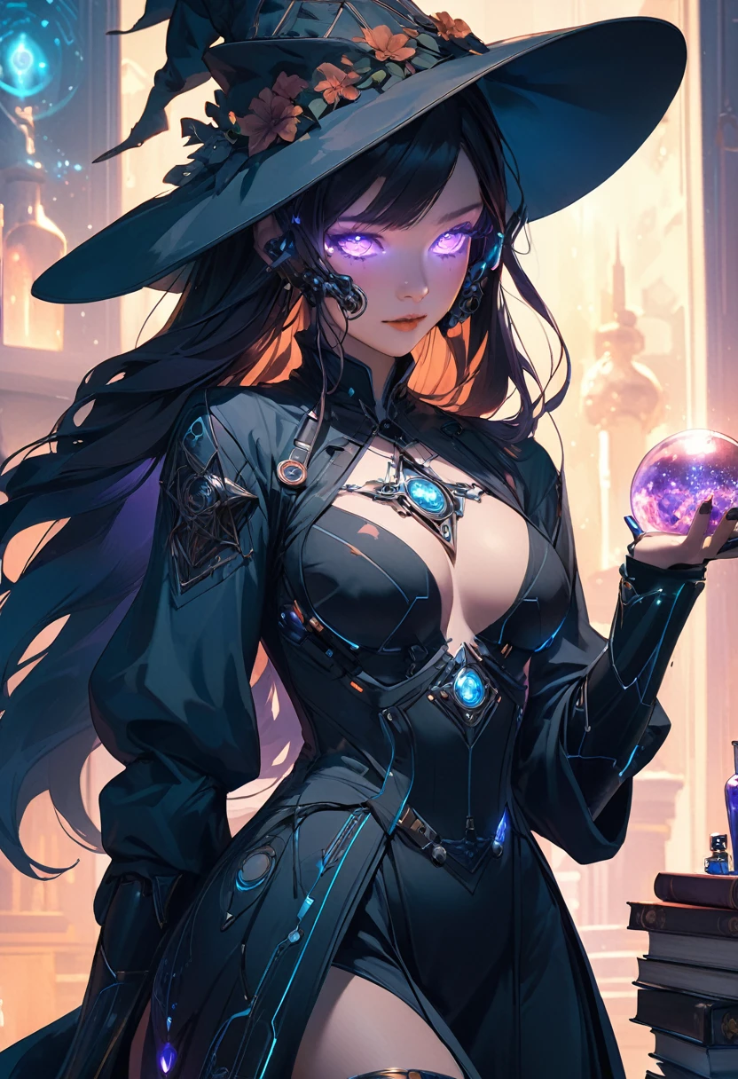 depicts a modern-day witch who has embraced the world of cybernetics to enhance her magical abilities. The artwork should convey the enchanting blend of traditional witchcraft and futuristic technology. Here are some specific elements to include: The Witch's Lair: The setting should be a cozy yet slightly eerie room, filled with magical books, crystal balls, potion ingredients, and antique furnishings. The room should be dimly lit by candles and a soft, mystical glow emanating from her cybernetic enhancements. The Cyborg Witch: The central focus of the artwork is the witch herself. She's a striking figure with a mix of traditional witch attire and cybernetic enhancements. Her clothing should have a witchy, occult aesthetic, with flowing robes, a pointed hat, and an intricate pentagram necklace. Her arms, however, have been upgraded with cybernetic components that incorporate magical symbols and glowing runes. Magical Interface: The witch is in the midst of casting a spell, with a holographic, touch-screen interface floating before her. This interface includes spell incantations, arcane symbols, and digital components, demonstrating her fusion of magic and technology. Spell Ingredients: On a nearby table, there should be a collection of spell ingredients, like herbs, potions, and magical artifacts. Some of these items may have been modified with cybernetic enhancements, blurring the line between the natural and the technological. Familiar: The witch's familiar, perhaps a cat or raven, should be present in the scene, serving as her magical companion. The familiar could also have subtle cybernetic enhancements or glowing eyes. Glowing Runes: The room should be adorned with ancient symbols and glowing runes on the walls and floor, contributing to the magical atmosphere. Aetherial Lighting: Use a combination of mystical, ethereal lighting and cybernetic glows to create a captivating interplay of light and shadow. The contrast between the tradit