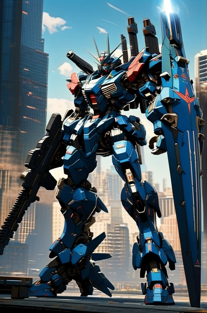 best quality, masterpiece, highly detailed, ultra-detailed,(blue sky:1.1), cloud, holding_weapon, a (((mecha))) with sleek and menacing design, (mecha armor:1.5),glowing ,heroic parts, mechanical parts, (long legs:1.5),robot joints,(huge shield:1.2),(battle-ready:1.2),(powerful stance:1.3),(Detailed eye description:1.2),(huge mechanical weapon:1.3),(detailed armor description:1.2),(detailed shield description:1.2),(detailed weapon description:1.2),(huge mechanical gun:1.2),(holding gun and weapon :1.3) BREAK building, glowing_eyes, science_fiction, city, realistic,