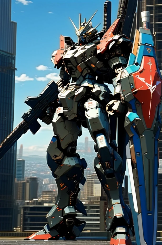 best quality, masterpiece, highly detailed, ultra-detailed,(blue sky:1.1), cloud, holding_weapon, a (((mecha))) with sleek and menacing design, (mecha armor:1.5),glowing ,heroic parts, mechanical parts, (long legs:1.5),robot joints,(huge shield:1.2),(battle-ready:1.2),(powerful stance:1.3),(Detailed eye description:1.2),(huge mechanical weapon:1.3),(detailed armor description:1.2),(detailed shield description:1.2),(detailed weapon description:1.2),(huge mechanical gun:1.2),(holding gun and weapon :1.3) BREAK building, glowing_eyes, science_fiction, city, realistic,