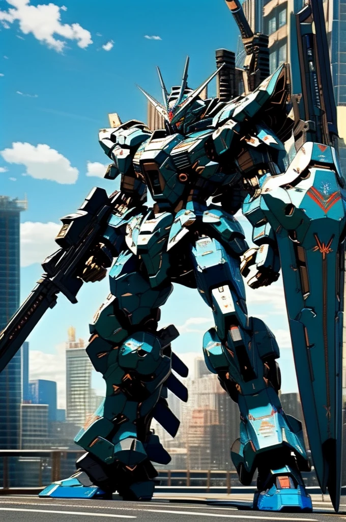 best quality, masterpiece, highly detailed, ultra-detailed,(blue sky:1.1), cloud, holding_weapon, a (((mecha))) with sleek and menacing design, (mecha armor:1.5),glowing ,heroic parts, mechanical parts, (long legs:1.5),robot joints,(huge shield:1.2),(battle-ready:1.2),(powerful stance:1.3),(Detailed eye description:1.2),(huge mechanical weapon:1.3),(detailed armor description:1.2),(detailed shield description:1.2),(detailed weapon description:1.2),(huge mechanical gun:1.2),(holding gun and weapon :1.3) BREAK building, glowing_eyes, science_fiction, city, realistic,