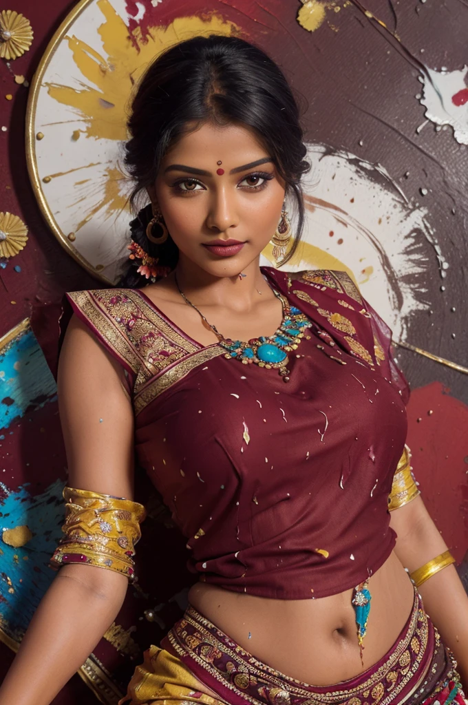 Day scene, close up photo of a indian from top view, (Masterpiece, Best Quality, High Resolution), evening Background, ((Paint Splash, Color Splash, Splash of Ink, Color Splash)), Sweet indian female actress, hour glass body shape,maroon lips, ((blouse)), lightly makeup,ultra realistic, realistic, look at viewer (cinematic:1.3), intricate details,