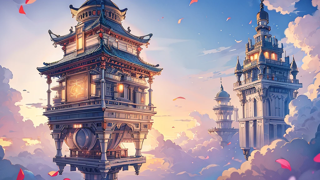 (A highly detailed floating city:1.3), ((One detailed mirage castle floating above the clouds)and(Detailed floating minaret illusion, Detailed Floating Bell Tower Illusion)and(Mirage with high transparency)and(Detailed view of the base of Mirage Castle)),Very detailed,extremely detailed and beautiful, sky and white cloud and sunset glow returnground,Very detailed birds, (Blooming floating city, Floating Petals, Garden blooming in the sky,  Many climbing plants on the wall:1.2)
imagine, dream
/=
1 girl, (1 girl at floating city:1.3), (alone), (Ultra-wide-angle lens), (return), Behind the head, White Dress, (whole body), (Barefoot), (backless dress), Girl away from camera, Holy Light,