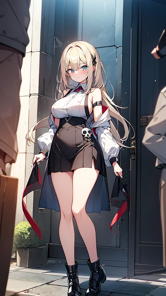 Full body image, フロント, One girl, 18-year-old, Mix 4, (32k, RAW Photos, Highest quality, masterpiece:1.2), (Anime-like, photoAnime-like:1.37), cute, ミニスカートのドレス, night, rain, Humidity, Professional Lighting, Photon Mapping, Radio City, Physically Based Rendering, Super Resolution, (Big Breasts:1.2), {{The biological weapon that had preyed on the younger sister took her place and reunited with the older brother.}}, Girl Skull, whole body, NSFW