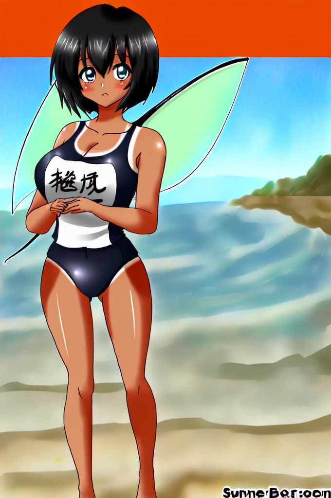 (best quality, high quality, ultra quality, Absurd:1.5)(One girl, beautiful girl, fighter, (Black Hair, Pixie Cut Tan, Suntan LINES, Dark skinned women, Dark Skin:1.3), (gigantic 胸, beautiful detailed eyes), Dark blue school swimsuit, Outdoor, beach,

