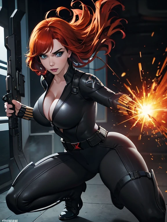 Create a dynamic 4K resolution full body portrait of Christina Hendricks as the character of Black Widow, the fierce Marvel superheroine. Visualize Christina Hendricks as Black Widow with her striking features: her short orange wavy hair. Her bright blue eyes, sharp and focused, should reflect her unwavering determination and strategic mind. She is 48 years old. Include Christina's sculpted cheekbones and slight wrinkles around the face. High-quality facial research of Christina Hendricks. Include Christina Hendricks large breasts. High-quality detailed research of Christina Hendricks voluptuous figure. Dress Christina Hendricks in the iconic Black Widow black tactical suit, with a huge bust the suit, featuring intricate details such as reinforced armor, gun holsters, utility belts, metallic boots and the red hourglass symbol on her belt. The suit is so tight that Christina Hendricks breasts barely fit in it. The suit should appear sleek and functional, emphasizing her agility and combat prowess. Set the scene against the backdrop of a high-tech, futuristic environment, perhaps a S.H.I.E.L.D. headquarters or a cityscape at dusk, with neon lights casting dramatic shadows. Include elements such as holographic displays or glimpses of advanced technology to enhance the modern, action-packed atmosphere. The color palette should be dark and intense, with shades of black and deep reds, contrasted by the cool blues and silvers of the high-tech background, highlighting Black Widow's stealthy and formidable presence. Black Widow's expression should convey a blend of determination, focus, and a hint of vulnerability, capturing her complex character. Her gaze should be piercing and resolute, embodying her role as a master spy and a skilled combatant. This portrait aims to portray Christina Hendricks playing the role as the fictional character of Natasha Romanoff/Black Widow, capturing her iconic features and the high-stakes, action-packed world she inhabits in the M
