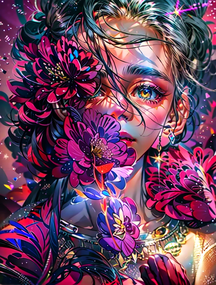 (Very detailed), (masterpiece, Highest quality, Highest quality, Official Art, beautifully、aesthetic:1.2), (One girl:1.3), Very detailed,(colorful:1.1)(Flowers:1.3),Most detailed, (Dynamic pose), (Abstract background:1.3), (Many colors:1.4), Rose garden,