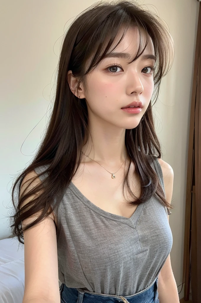 (Highly realistic photos, High resolution, Detailed face, Fine grain), ((Shooting in the room))、Japanese women, 20-year-old, A variety of expressions, alone:1, Slim figure, Various hairstyles, Casual clothing, 写真の中でalone、Selfie、Photographed in natural light、Simple Necklace、Spring Clothes、Looking at the camera、profile、Dark Brown Hair Color、The chest is visible