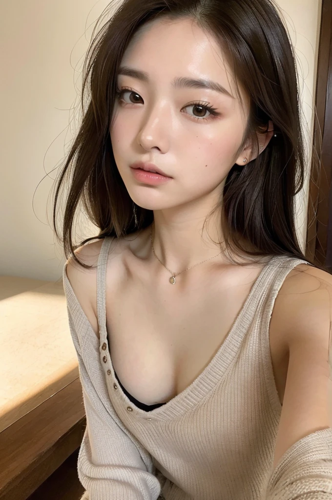 (Highly realistic photos, High resolution, Detailed face, Fine grain), ((Shooting in the room))、Japanese women, 20-year-old, A variety of expressions, alone:1, Slim figure, Various hairstyles, Casual clothing, 写真の中でalone、Selfie、Photographed in natural light、Simple Necklace、Spring Clothes、Looking at the camera、profile、Dark Brown Hair Color、The chest is visible