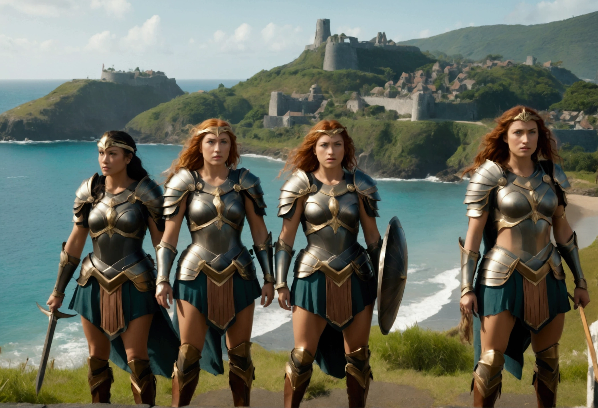 The head of the Amazons standing in full armor. Behind them are about 100 Amazons. A seaside village is visible in the background., wide shot, Ultra-Wide Angle, anatomically correct, textured skin, accurate, masterpiece, UHD, high details, high quality