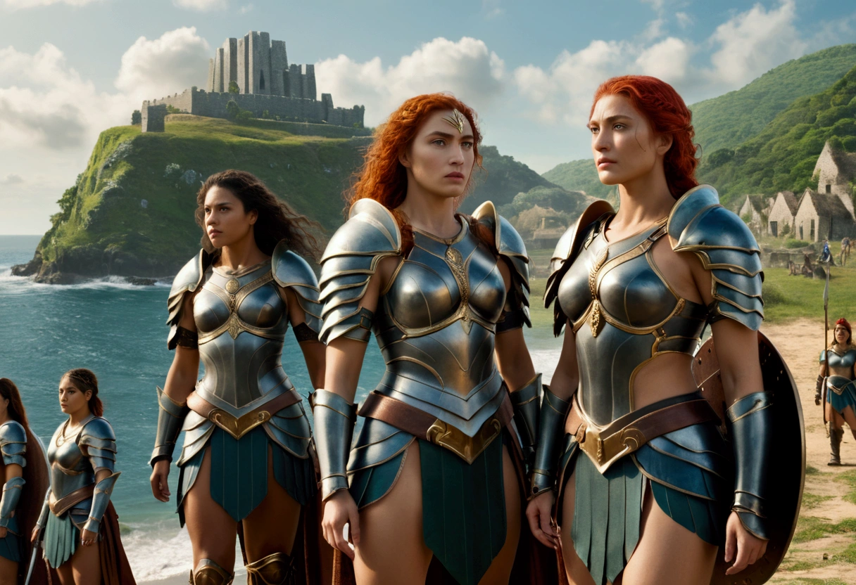 The head of the Amazons standing in full armor. Behind them are about 100 Amazons. A seaside village is visible in the background., wide shot, Ultra-Wide Angle, anatomically correct, textured skin, accurate, masterpiece, UHD, high details, high quality