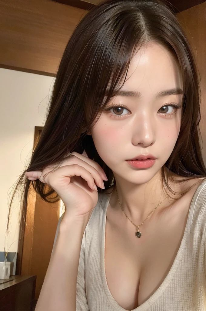 (Highly realistic photos, High resolution, Detailed face, Fine grain), ((Shooting in the room))、Japanese women, 20-year-old, A variety of expressions, alone:1, Slim figure, Various hairstyles, Casual clothing, 写真の中でalone、Selfie、Photographed in natural light、Simple Necklace、Spring Clothes、Looking at the camera、profile、Dark Brown Hair Color、The chest is visible
