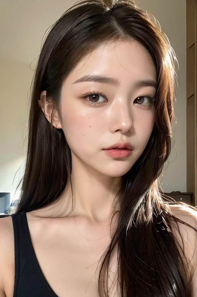 (Highly realistic photos, High resolution, Detailed face, Fine grain), ((Shooting in the room))、Japanese women, 20-year-old, A variety of expressions, alone:1, Slim figure, Various hairstyles, Casual clothing, 写真の中でalone、Selfie、Photographed in natural light、Simple Necklace、Spring Clothes、Looking at the camera、profile、Dark Brown Hair Color、The chest is visible