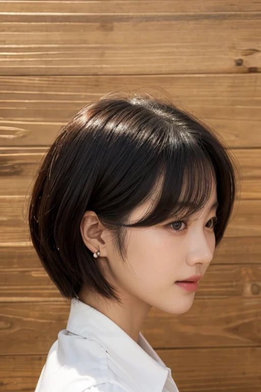 Best Quality, 8k, Masterpiece, (Portrait: 1.3), (photo realistic:1.4), (hyper realistic:1.4), Sharp Focus, looking at viewer, (smoother lighting:1.1), (increase cinematic lighting quality:0.9), realistic lighting, backlighting, light on face, ray trace, (brightening light:1.2), (Increase quality:1.4), sharp detail, (best quality real texture skin:1.4), finely detailed eyes, black_eyes, finely detailed face, 25 year old Korean woman, (white formal_shirt:1.4), (Create an image maintaining the original base model hairstyle:1.5)