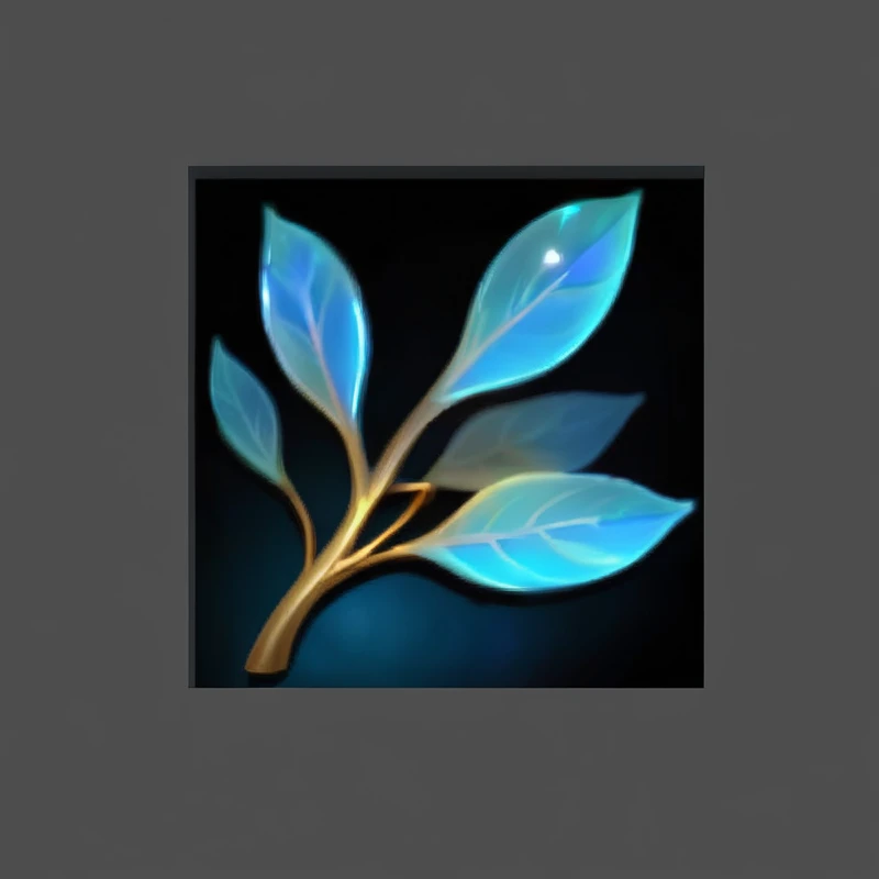 Close up of a leaf on a black background,Background is blue background, ( ( Fantasy Plants ) ), Wise ( Evaluate ), Artifact dota2, League of Legends Inventory Items, Glowing plants, Blessing of Winterthorn, bioGlowing plants, Leaves and magic, Stylized art, Game assets for plants and trees, A ray of friendship