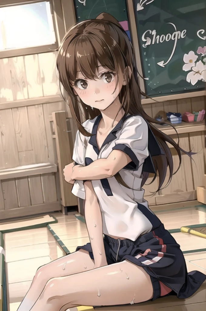 (masterpiece), (Highest quality), (Very detailed), ((Very delicate and beautiful)), One Girl, solo, July, Maroon mouth, Sitting, On the bed, question mark,  indoor, Detailed Iris, young, Long white socks,
,(((Black Bloomers, School, Gym Shirt, White T-shirt, Gym suit, Photo of girl in wooden floor School gym room))),Bloomers are bikini type ,Dynamic Angle ,Sweat,Lie in 