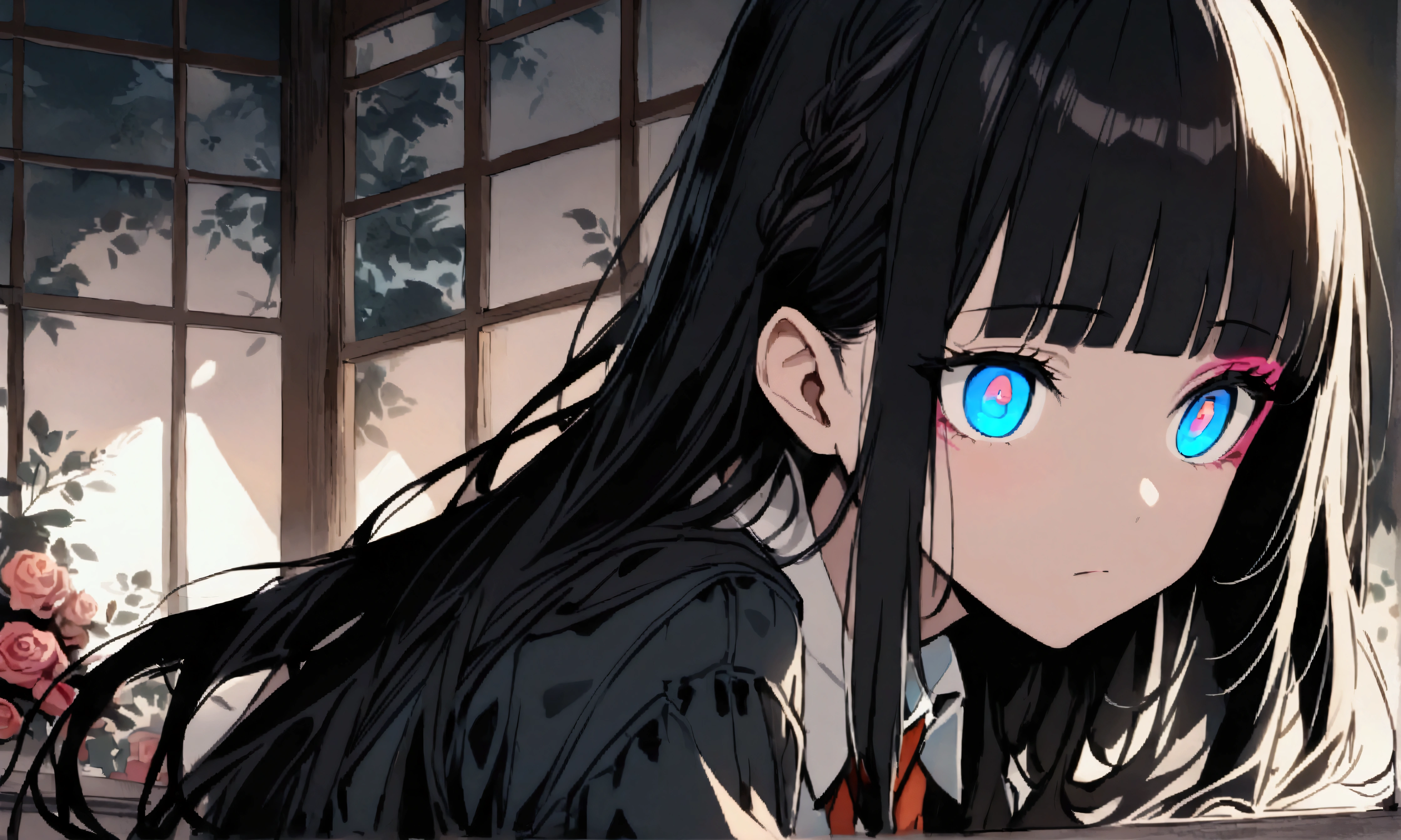 face down、Lewd Eyes、Scornful Eyes、front、super fine illustration,(((beautiful fine hair))),(((beautiful fine face))),(((beautiful fine background))),2人のgirl、Bobcut、Black Hair、Blunt Bangs、PC in the room、Horizontal composition、Step Piece、Highest quality、Best illustration、Super detailed、girl、Pink Rose Long Hair、Black Shirt、Pleated skirt、Side braided hair、crazy、standing with an eerie feeling、Ruined Background、Unusual sneakers、Eyeshadow on eyes、Unusual eye color、Eyes of Terror、Bright eyes、Cool Shot
